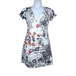 Desigual Womens Short Sleeve V-Neck Graphic Doodles Print Faux Wrap Dress Size L
